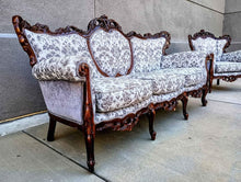 Load image into Gallery viewer, beautiful Queen Ann 1950s purple couch and armchair 2 piece set free delivery.
