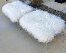 Load image into Gallery viewer, 2 white fluffy 2&#39; x 16&quot; benches with clear legs

