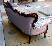 Load image into Gallery viewer, beautiful Queen Ann 1950s purple couch and armchair 2 piece set free delivery.
