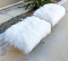 Load image into Gallery viewer, 2 white fluffy 2&#39; x 16&quot; benches with clear legs
