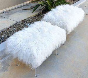 2 white fluffy 2' x 16" benches with clear legs