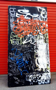 4' x 8' L. A. street graffiti earlier 2000's names quotes. looks to be part of a larger art project.