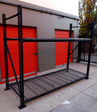 Load image into Gallery viewer, flat black 4&#39; x 10&#39; x 94&quot; industrial steel rack with metal grated shelving
