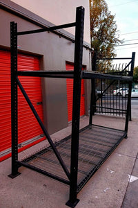 flat black 4' x 10' x 94" industrial steel rack with metal grated shelving