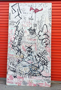 4' x 8' L. A. street graffiti earlier 2000's names quotes. looks to be part of a larger art project.