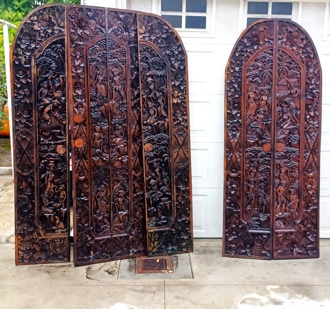 2 Balinese Hand Carved Wood arched door gates