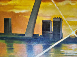 Original signed Vintage 1970's Oil On Canvas Gateway Arch with United Airlines Plane going through the arch 25" x 21"