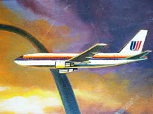 Load image into Gallery viewer, Original signed Vintage 1970&#39;s Oil On Canvas Gateway Arch with United Airlines Plane going through the arch 25&quot; x 21&quot;
