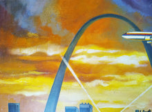 Load image into Gallery viewer, Original signed Vintage 1970&#39;s Oil On Canvas Gateway Arch with United Airlines Plane going through the arch 25&quot; x 21&quot;
