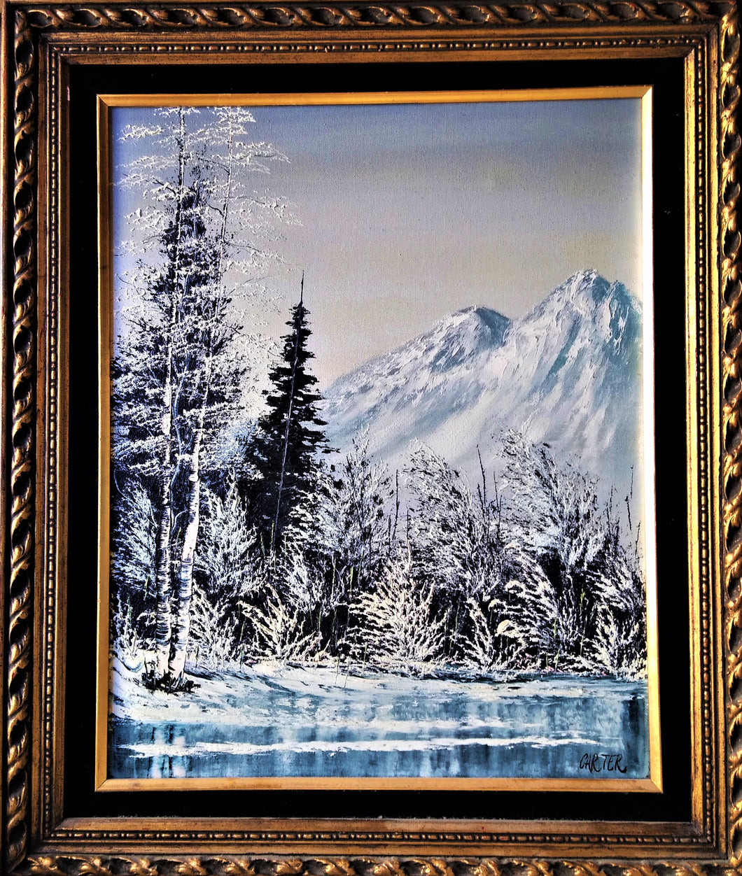 1960's Carter 24 x 20 Hand painted winterscape  Oil on canvas gold framed
