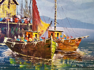 Original oil on Canvas Boats at Old Spanish Harbor signed 22" x 18"