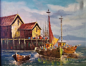 Original oil on Canvas Boats at Old Spanish Harbor signed 22" x 18"