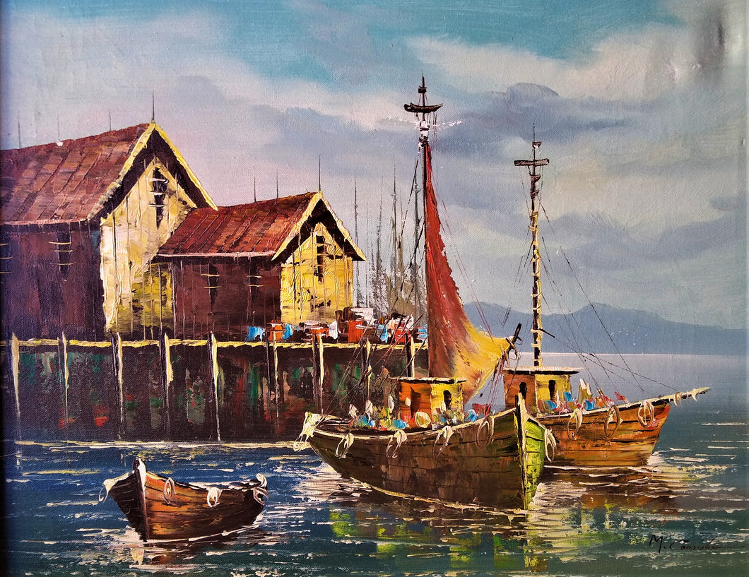 Original oil on Canvas Boats at Old Spanish Harbor signed 22